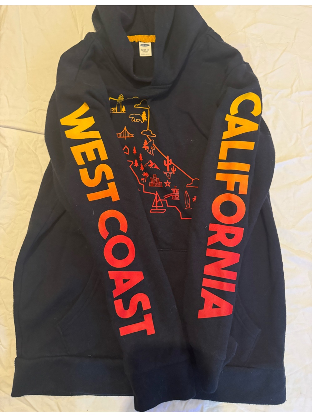 Old Navy Navy Zip-Up West Coast Hoodie with Yellow-to-Red Gradient Sleeve Text